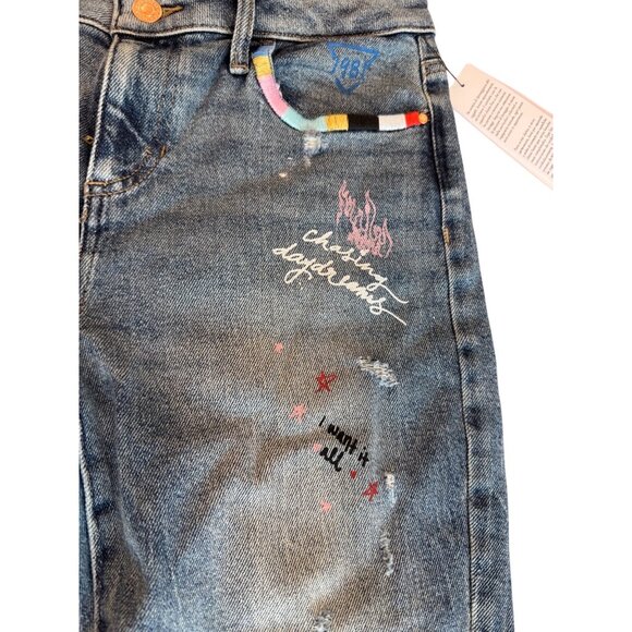 Guess Mid Rise Skinny Jeans Womens Size 29 Blue Distressed Graffiti Print Denim - Picture 3 of 11